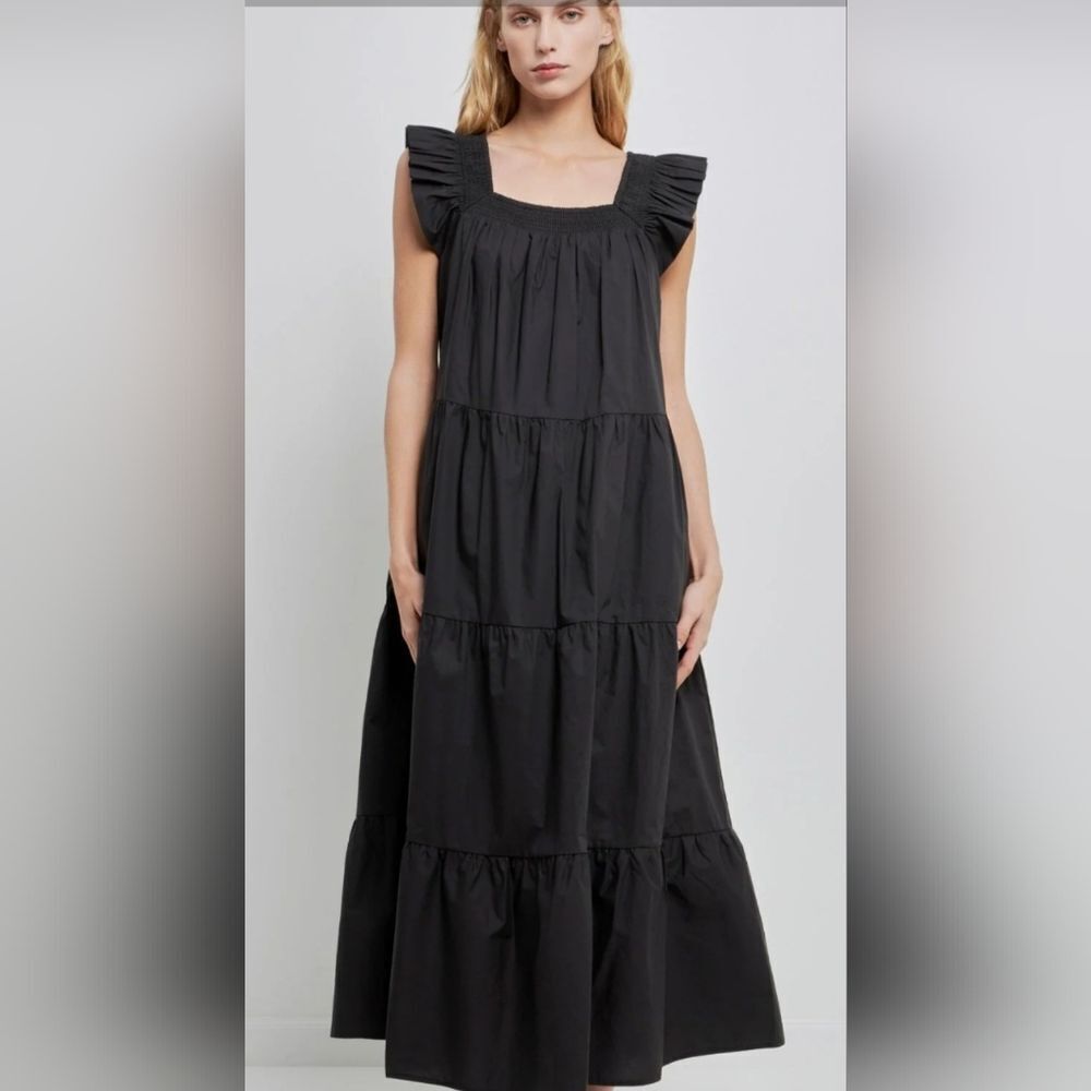 English Factory Square Neck Ruffle Pullover Tiered Midi Dress Women M Black